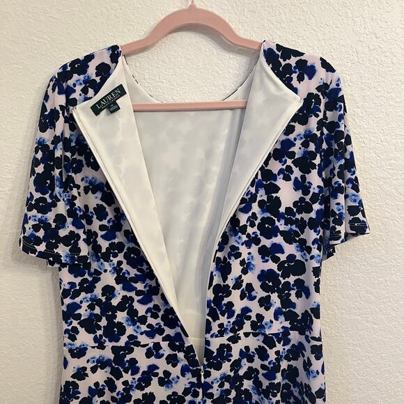 Lauren Ralph Lauren Cocktail Dress Size 16 ALine Blue Floral Stretch Event Party - Picture 7 of 13